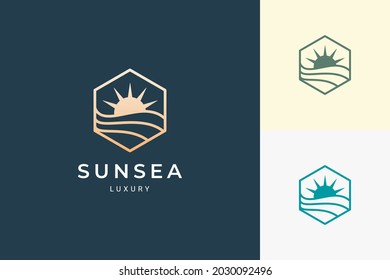 Luxury sun and sea logo in simple and clean hexagon shape