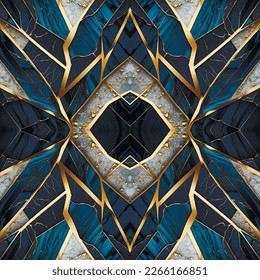 Luxury surface marbled Art Deco seamless pattern with glitters and golden inlay. Marble textured ornamental vector background. Beautiful ornate modern symmetry ornaments in cobalt blue and gold colors