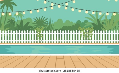 Luxury swimming pool is set in a lush tropical backyard with a warm wooden deck, white fence, and string lights.