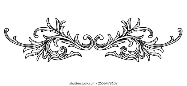 Luxury swirl Ornament border frame, Divider baroque engraving element. Arabesque, filigree decoration. Victorian artwork, for print, tattoo, wedding card, invitation, art deco, clip art, carving.