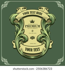 luxury symmetry ornament art, antique baroque style decoration, vintage green color for product design, labels, stickers, merchandise, posters, and for your company or brand