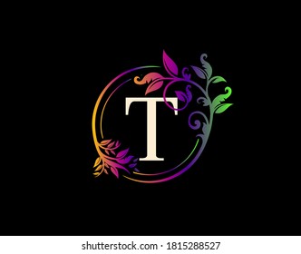 Luxury T Letter Floral Design. Colorful Urban Swirl T Logo Icon.