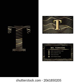 Luxury T vector logotype with business card template. 
Premium letter T logo with golden wave line style. 
Elegant corporate identity.