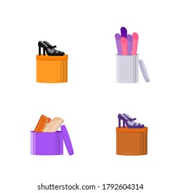 Luxury tailor shop flat color vector object set. High heel shoes on box. Fabric and material. Fashion designer equipment isolated cartoon illustration for web graphic design and animation collection