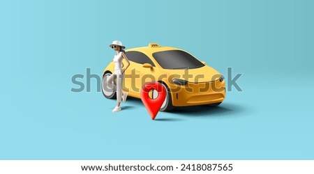 Luxury Taxi Service. Woman and Premium Car 3d render vector illustration, geo pin