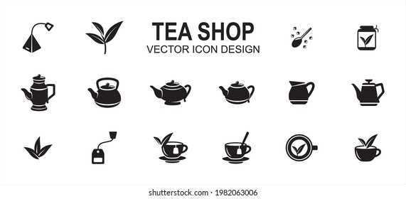 diseño gráfico de interfaz de usuario de vectores relacionados con la bebida de la tienda de té de lujo. Contiene iconos como bolso de té, hoja de té, azúcar, brea, elaboración, taza de té, tetera variada, extracción, hierba,