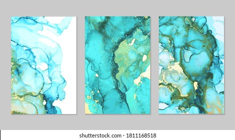 Luxury teal, blue and gold marble abstract background set. Alcohol ink technique vector stone textures. Creative paint in natural colors with glitter. Template for banner, poster design. Fluid art