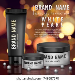 Luxury template of beautiful cosmetics with a pearl for advertising on a golden blurry background with a bokeh vector illustration