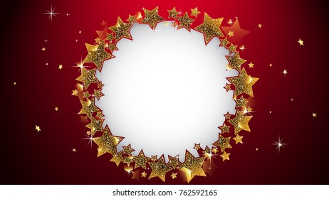 Luxury template card rounding by golden star and using die-cut in the middle.Dark red background included splashing stars and flares.