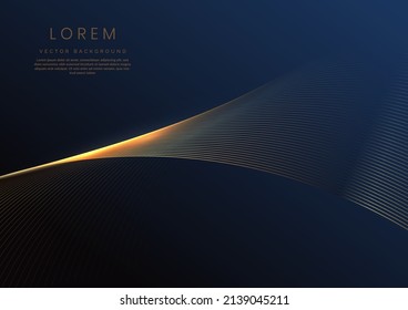 Luxury template design golden wave stripes line with light glow effect on dark blue background. Vector illustration