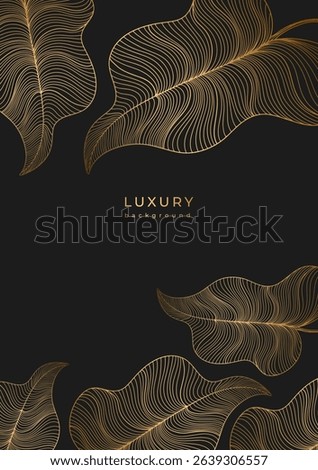 Luxury template with gold linear leaves texture. Black background with golden leaf veins pattern. Frame for wedding invitation with tropical plants. Pattern for business card