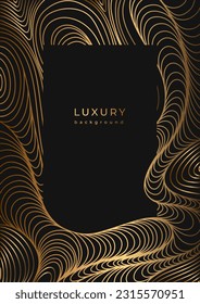 Luxury template with golden wavy linear pattern. Line art. Gold waves on black background. Geometric texture with shiny curves. Abstract striped texture 