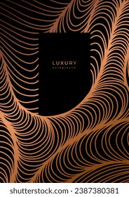 Plantilla de lujo con un patrón lineal ondulado dorado. Arte de línea. Olas de oro sobre fondo negro. Afiche con textura geométrica con curvas brillantes. Cartel con textura abstracta a rayas. Distorsión de superficie