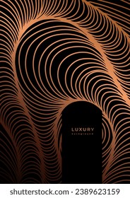Plantilla de lujo con un patrón lineal ondulado dorado. Arte de línea. Olas de oro sobre fondo negro. Afiche con textura geométrica con curvas brillantes. Cartel con textura abstracta a rayas. Distorsión de superficie