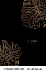 Luxury template with golden wooden annual rings on black background. Cross section of tree trunk rings