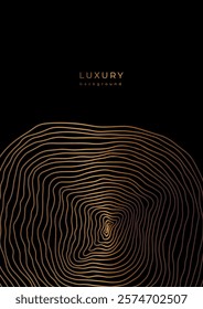 Luxury template with golden wooden annual rings on black background. Cross section of tree trunk rings