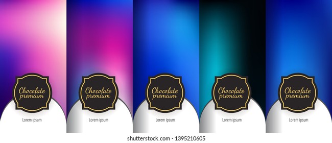 Luxury template label set. Modern colorful backgrounds for flowing packaging design. Suitable for premium boxes of cosmetics, wine, jewelry. Fluid graphic composition. Vector.