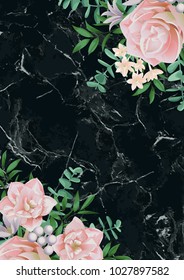Luxury template with pink flowers and greenery. Spring composition on black marble background. Romantic floral mock up wiht text place for greeting, birthday cards, wedding invitation, poster, covers.