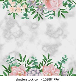 Luxury template with pink flowers and greenery. Spring composition on white marble background. Romantic floral mock up wiht text place for greeting, birthday cards, wedding invitation, poster, covers.