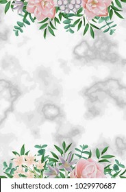 Luxury template with pink flowers and greenery. Spring composition on white marble background. Romantic floral mock up wiht text place for greeting, birthday cards, wedding invitation, poster, covers.