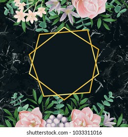 Luxury Template with Pink Flowers on Black Marble