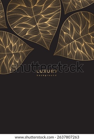 Luxury template for wedding invitation with gold linear leaves. Leaf epidermis texture. Black background with golden leaf veins. Vertical autumn poster