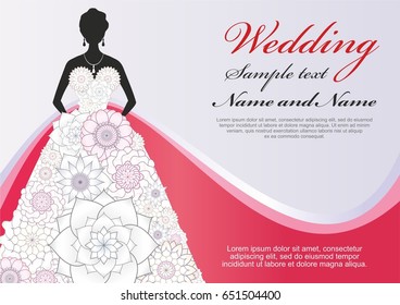 Luxury template wedding poster, greeting card. Bride in dress with white flowers. Place for your text or congratulations