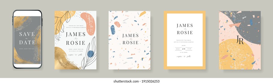 Luxury terrazzo Social Media Wedding invite frame templates. Vector background. Mockup for social media banner. mobile Floral golden collage layout design.