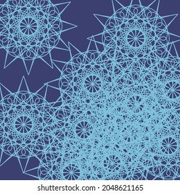 Luxury Textile Calm Print Messy Indigo Ornamental Chaotic Background. Pattern Folk Lace Shapes Blue Light Dark Complicated Ornament. Mystery Mandala Vintage Turquoise Cold Ice Stars Wallpaper.