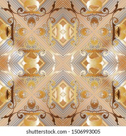 Luxury textured 3d Baroque vector seamless pattern. Ornamental grunge geometric background. Damask ornament with baroque Victorian style flowers, leaves, shapes, rhombus, frames. Ornate design.