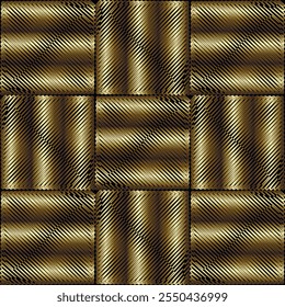 Luxo texturizado 3d padrão de moire sem costura com riscas diagonais de ouro metálico, linhas, escotilhas, quadrados. Textura ornamental grunge eclodida sem fim. Modernos ornamentos xadrez. Fundo 3d de ouro rico.