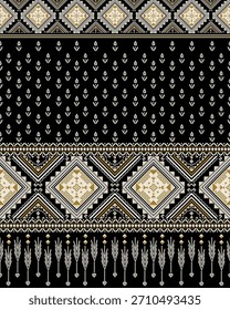A luxury Thai geometric pattern with diamond motifs, tribal borders, and droplets on a black and gold background. Perfect for textiles, accessories, packaging, and modern design.