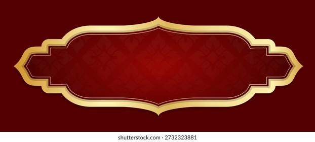 Diseño de etiqueta tailandés de lujo con fondo rojo con elegante marco ornamental dorado. Estilo asiático clásico adecuado para branding, embalaje, certificados, invitaciones y uso de diseño comercial premium.