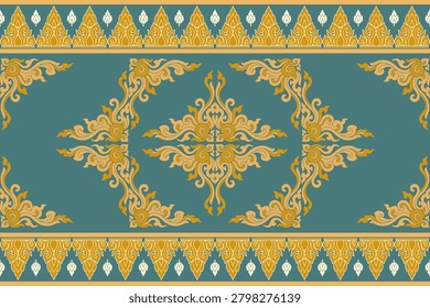 Luxury Thai ornamental border pattern inspired by traditional Thai decorative art and royal textile design. The composition features elegant gold floral flourishes, symmetrical ornamental motifs, and geometric diamond elements arranged in a refined horizontal border layout. Rich teal and antique gold tones create a premium, sophisticated appearance suitable for luxury backgrounds, wallpaper, fabric printing, home décor, packaging, stationery, branding, invitations, surface pattern design, and textile applications. The seamless decorative structure reflects Southeast Asian cultural aesthetics while maintaining strong commercial versatility. Ideal for premium design projects, fashion textiles, decorative borders, wrapping paper, and high-end ornamental backgrounds.