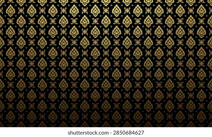 Luxury Thai pattern background vector illustration. Lai Thai blaze flower pattern black and gold theme. Memorial service events	