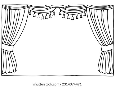 Cortina teatral de lujo con un espacio de copias en el medio. Dibujo a mano libre. Doodle. Mano Cortada. Esquema.	