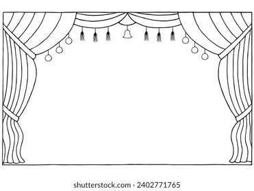 Luxury theatrical curtain with a copy space in the middle. Freehand drawing. Doodle. Hand Drawn. Outline.	