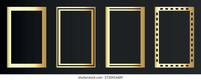 Luxuriöser dünner goldener Rahmen im Art-Deco-Stil, islamischer Stil. Premium geometrischer goldener Bogen auf schwarzem Hintergrund. Elegante lineare rechteckige Ränder für VIP, Grußkarte, Hochzeitseinladung. Isolierte Vektorgrafik.