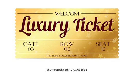 Plantilla de Vector de entradas de lujo. Vector boletos dorados aislados en fondo blanco. Cine, teatro, concierto, juego, fiesta, evento, festival negro y boleto de oro.