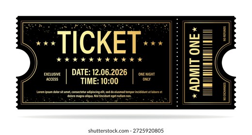 Luxury ticket vector template. Vector golden tickets isolated on whithe backgound. Cinema, theater, concert, game, party, event, festival black and gold ticket.
