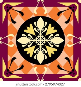 Luxury tiles pattern with round floral geometric argyle background. Rich burgundy gold orange black warm Mediterranean summer ideal for ceramic tiles wallpaper upholstery fabrics interior home decor