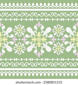 Luxury Timeless Delicate White Florals Embroidery Border Seamless Pattern on Green Background. Elegant Meadow Victorian Style Scroll Ornate Geometric Detailed Elaborate Decoration Silk Scarf Curtain