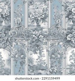 Luxury toile de jouy seamless pattern of flowers, arch, and classic vase