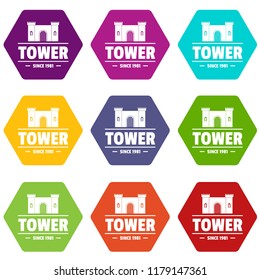 Luxury tower icons 9 set coloful isolated on white for web