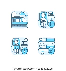 Luxury Train Service Blue RGB Color Icons Set. Coach Car, First Class Trip, Free Wi Fi And Sleeping Car. Railroad Travel With Comfort. Isolated Vector Illustrations