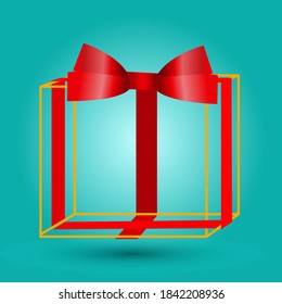 Luxury transparent frame Gift box decorated with red ribbon on green background. Vector illustration. Christmas, New year, Birthday, Valentine Background for display product.