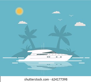 Luxury travel seaway ocean transport  yacht against the background of the tropical island with palm trees in flat style a vector.Voyage and elements of design for the tourist websites and firms.