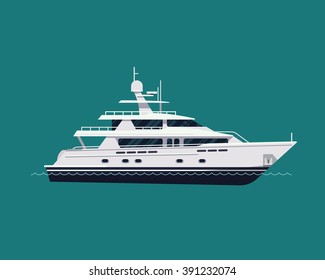 Luxury travel seaway transport vessel item on motor yacht, vector, flat design. White yacht boat, side view isolated. Water travel and tourism design element