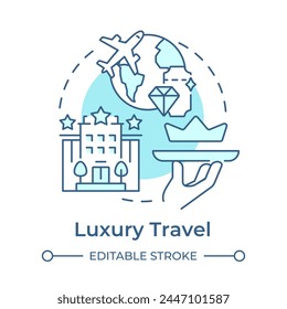 Luxury travel soft blue concept icon. Exclusive trip. First class plane. VIP travel. Niche tourism. Round shape line illustration. Abstract idea. Graphic design. Easy to use in blog post