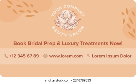 Luxury treatments now and bridal prep, book special service from spa salon and beauty center for day. Phone number and contact information on business card with logotype, vector in flat style